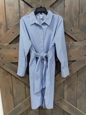 Chico's Light Blue Pinstripe Tie-Waist Shirt Dress